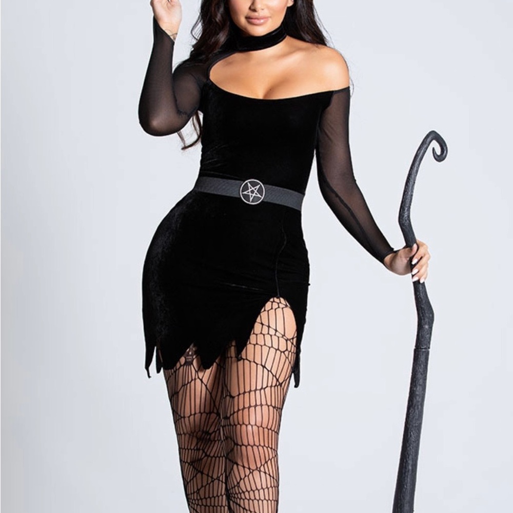 Witch Costume: Black Off-Shoulder Dress with Sheer Sleeves